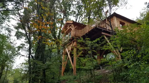 Une magnifique cabane perchée dans les arbres, au cœur d'une forêt jurassienne aux couleurs d'automne.