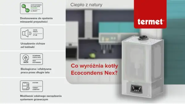 Nowoczesny piec na wodór, cichy, ekologiczny, z wymiennikiem INOX i zdalnym sterowaniem.