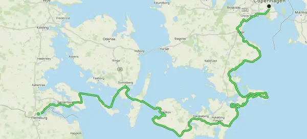 Trasa rowerowa EuroVelo 10 w Niemczech i Danii, od Flensburga przez wyspy duńskie do Kopenhagi.