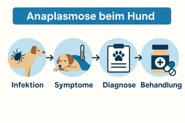 Illustration zeigt den Verlauf von Anaplasmose beim Hund: Zeckenbiss (Infektion), kranker Hund mit Fieber (Symptome), Diagnose auf einem Klemmbrett und Medikamente (Behandlung).