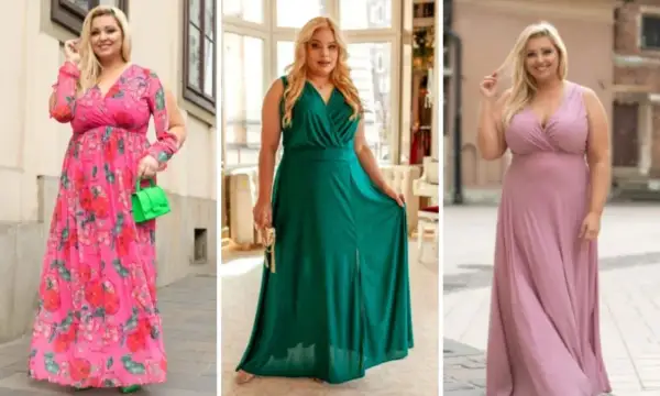 Trzy kobiety plus size w długich sukniach: kwiecista, zielona i pudrowy róż.