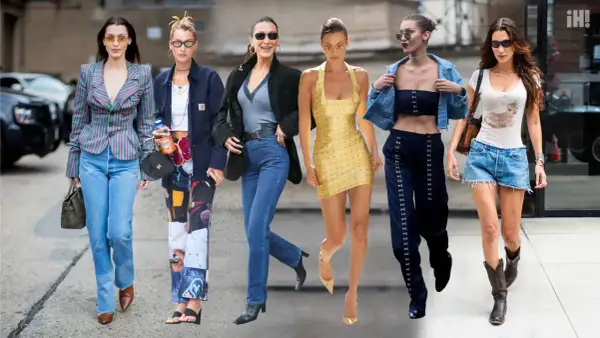 Bella Hadid luce varios atuendos, desde un traje a rayas hasta shorts vaqueros y botas.