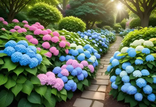 En vacker trädgårdsgång kantad av fluffiga hydrangea paniculata i rosa och blått. Solen strålar genom träden.