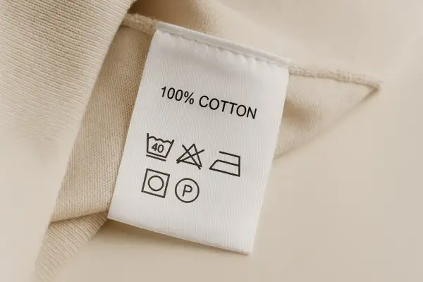 Metka z 100% bawełny. Zawiera skróty tkanin i symbole pielęgnacji: pranie w 40°C, zakaz wybielania, prasowanie, suszenie w suszarce i czyszczenie chemiczne.