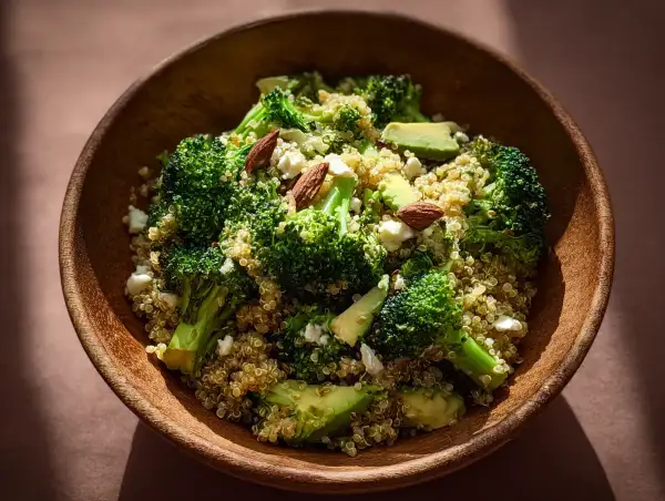 En skål med quinoa, broccoli, avokado och mandlar. En hälsosam och nyttig måltid.