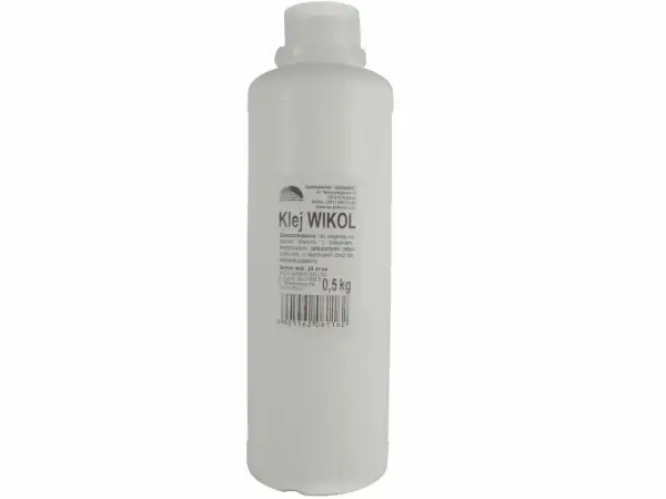 Biała butelka kleju Wikol z etykietą zawierającą informacje o produkcie i wadze 0,5 kg.