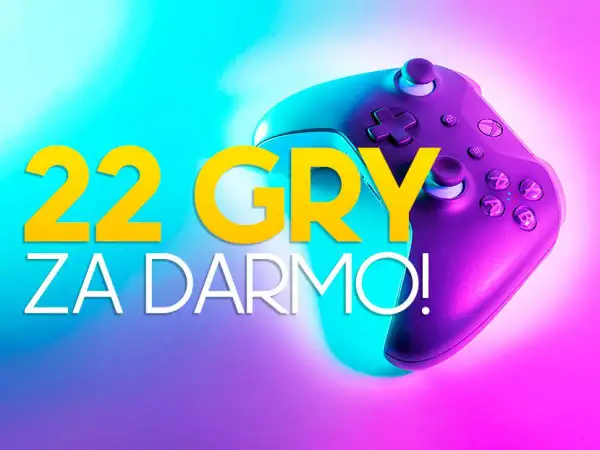 22 gry za darmo na Xbox Series S! Kolorowy pad i neonowe tło zapraszają do zabawy.