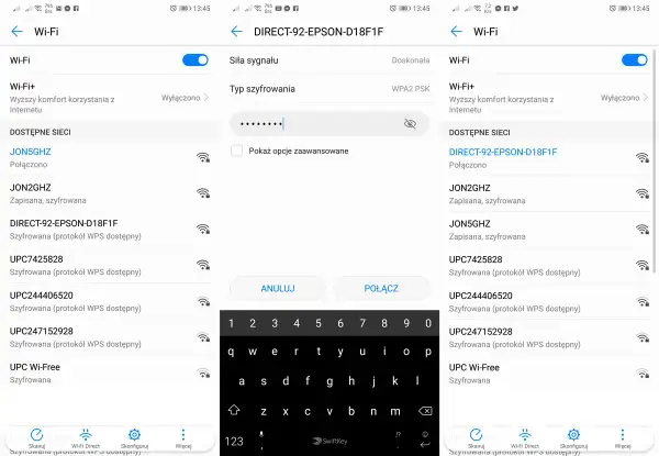 Ekran telefonu z listą dostępnych sieci Wi-Fi i polem do wpisania hasła.