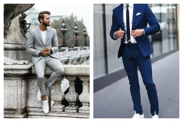 Homme en costume gris décontracté, et homme en costume bleu élégant. Un style vestimentaire qui ne manque pas de panache, comme un basket costume.