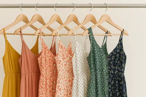 Letnie sukienki na wieszakach: musztardowa, łososiowa, w pomarańczowe kwiatuszki, w grochy, zielona i granatowa. Czy spandex oddycha? Te materiały wyglądają na przewiewne.