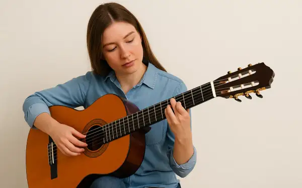 Młoda kobieta uczy się grać na gitarze. To idealna gitara dla początkujących, z którą można zacząć swoją muzyczną podróż.