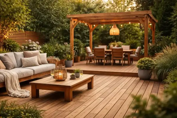Un salon de jardin en bois, baigné de lumière douce. Une table et des chaises sous une pergola invitent à la détente. L'ensemble suggère une façon de **protéger le bois extérieur naturellement**.