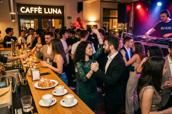 Coppie ballano al Caffè Luna, un locale che promette di diventare il **new futura disco club**. DJ Kai mixa musica mentre la gente si diverte.