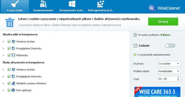 Interfejs programu WiseCleaner do czyszczenia komputera. Widoczne opcje: czyszczenie, zaawansowane, komponenty systemu, defragmentacja. Program oferuje łatwe i szybkie czyszczenie zbędnych plików i śladów aktywności użytkownika.