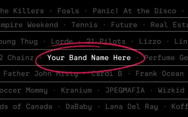 A list of band names, with "Your Band Name Here" circled in red, suggesting a band name search.