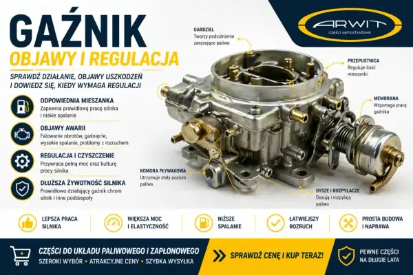 Element gaźnika w aucie – szczegółowy widok z opisem funkcji: gardziel, przepustnica, membrana, dysze. Poprawny element gaźnika to klucz do sprawnej pracy silnika.