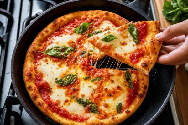 Une main retire une part de pizza margherita fondante d'une poêle. La croûte dorée et le fromage filant témoignent d'un parfait rechauffer pizza poele.
