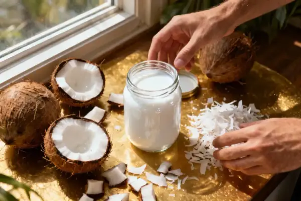 Découvrez comment est fait le lait de coco : des noix de coco fraîches, râpées et pressées pour obtenir ce liquide crémeux dans un bocal.