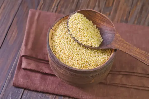 Drewniana miska pełna kaszy jaglanej, z drewnianą łyżką. Czy kasza jaglana ma gluten? Nie, jest bezglutenowa!