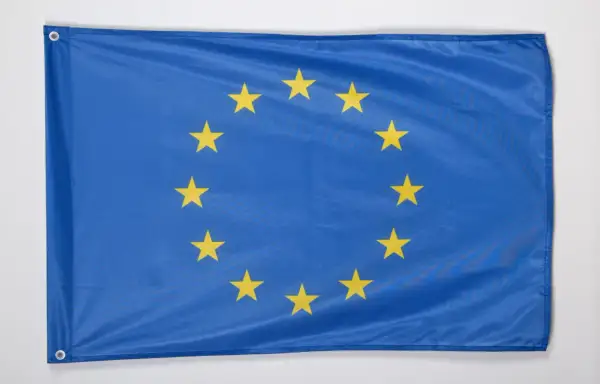 Flaga Unii Europejskiej z dwunastoma złotymi gwiazdami na niebieskim tle.