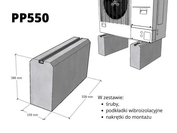 Solidny fundament pod pompę ciepła PP550, wymiary 550x150x300 mm, z rowkiem do montażu. W zestawie śruby, podkładki i nakrętki.