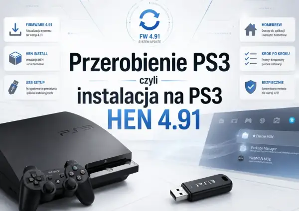 Przerobienie PS3 na wersję 4.91 z homebrew. Konsola, pad, pendrive i ekran z opcjami instalacji.
