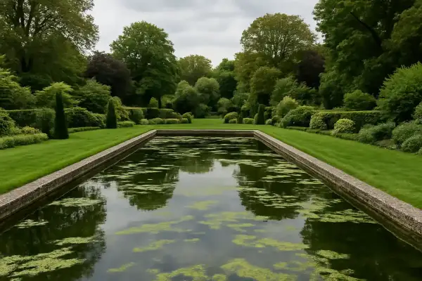 Un étang de jardin avec des algues filamenteuses, une solution naturelle comme le bicarbonate de soude pourrait aider.