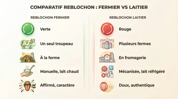 Comparatif visuel du reblochon fermier (vert, lait cru, à la ferme) et laitier (rouge, lait pasteurisé, en fromagerie).