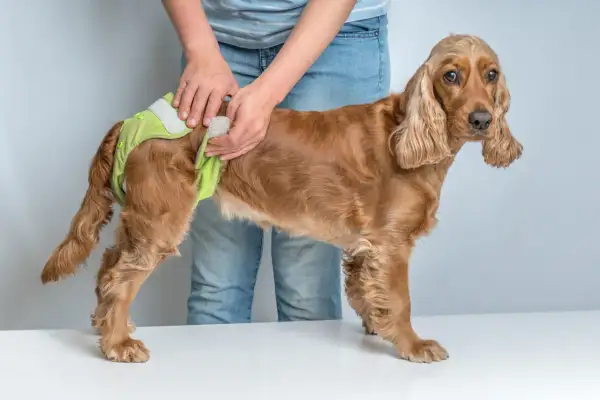 En person tar på en ljusgrön blöja på en brun cocker spaniel. Hunden verkar ha vaginit.