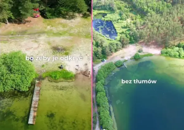 Kaszubskie jeziora w całej okazałości. Po lewej plaża z pomostem, po prawej spokojna tafla wody otoczona lasem.