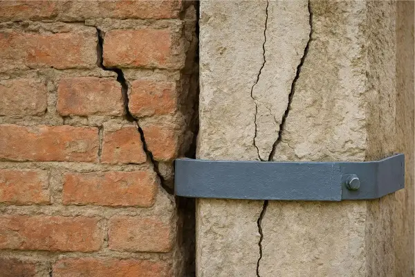 Crepa in un muro di mattoni e pilastro di pietra, con una fascetta metallica per il consolidamento strutturale.