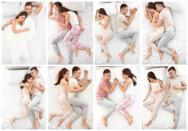 Paare in verschiedenen Schlafpositionen. Die Schlafposition Bedeutung kann viel über die Beziehung aussagen.