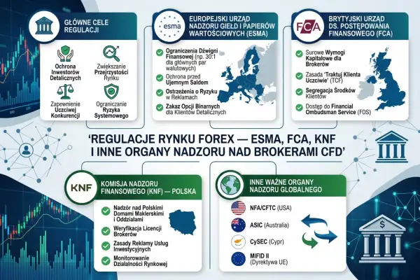 Schemat regulacji rynku Forex, ESMA, FCA, KNF i inne organy nadzoru globalnego. Obejmuje cele regulacji, nadzór nad brokerami i rejestr pozycji krótkich.