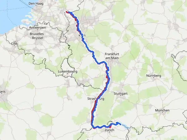 Mapa Europy z zaznaczonymi europejskimi trasami rowerowymi wzdłuż rzek, od Holandii przez Niemcy po Szwajcarię.