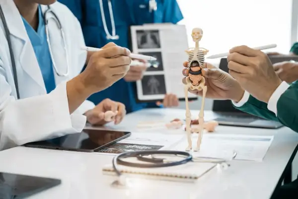 Medici discutono un modello anatomico. Un fisiatra o ortopedico spiega la postura.