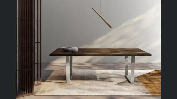Tavolo in legno scuro con gambe metalliche, due ciotole e un divisorio in legno. L'altezza tavolo è perfetta per cene eleganti.