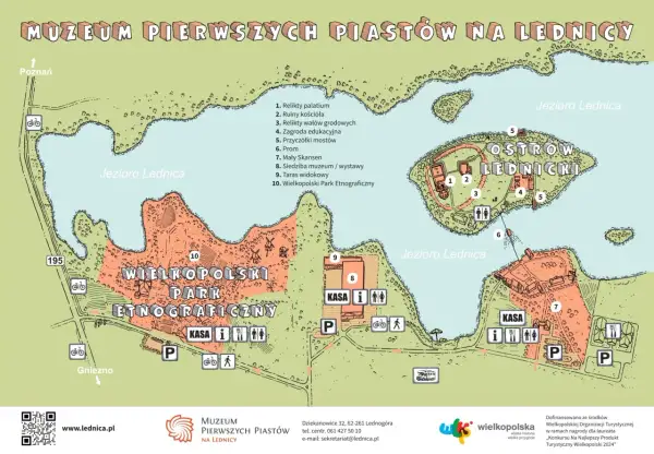Mapa Muzeum Pierwszych Piastów na Ostrowie Lednickim. Widok na jezioro, grodzisko, skansen i ścieżki.
