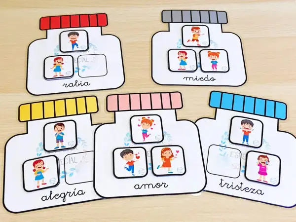 Tarro de las emociones para niños: rabia, miedo, alegría, amor y tristeza representados con dibujos.