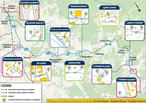 Mapa pokazuje, gdzie pociąg i autobusy łączą Kłodzko z Lądkiem-Zdrój i innymi miejscowościami.