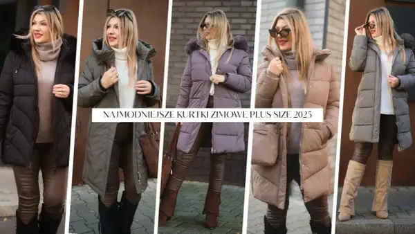 Kobiety prezentują modne kurtki zimowe plus size XXL w różnych kolorach. Stylowe, ciepłe okrycia na zimę.