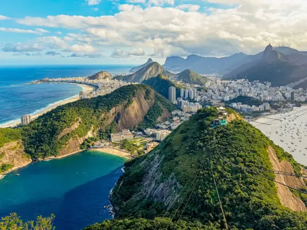 Vy över Rio de Janeiro med Copacabana, berg och havet. En ikonisk vy som fångar stadens skönhet.