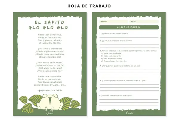 Ficha lectura del poema "El sapito Glo Glo Glo", con preguntas para responder sobre el texto y su personaje.
