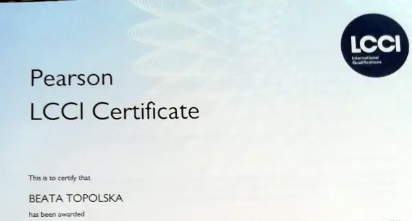 Certyfikat językowy Pearson LCCI dla Beaty Topolskiej.