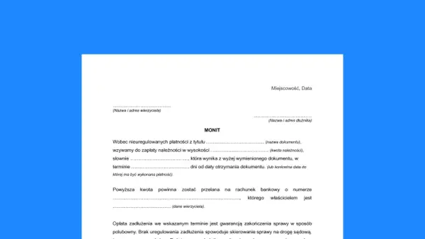 Wezwanie do zapłaty z nagłówkiem MONIT, zawierające dane wierzyciela i dłużnika, kwotę należności oraz termin płatności.