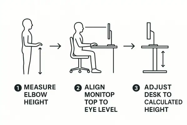 Diagram shows how to determine how tall should a desk be: measure elbow height, align monitor to eye level, then adjust desk.