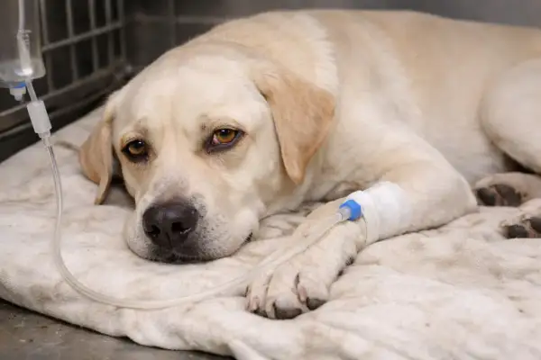 Labrador leży pod kroplówką, walcząc z leptospirozą. Jego oczy wyrażają zmęczenie, ale też nadzieję na powrót do zdrowia.