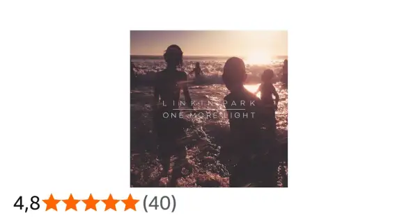 Okładka albumu Linkin Park "One More Light" z sylwetkami ludzi na tle zachodzącego słońca.