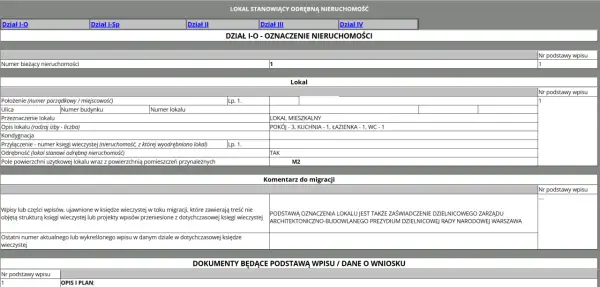 Fragment księgi wieczystej, który pomoże Ci zrozumieć, jak czytać księgę wieczystą. Zawiera dane o nieruchomości i lokalu.
