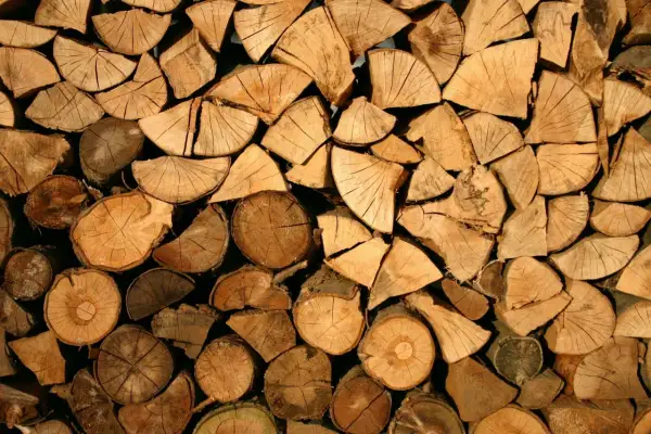 Ein Stapel gespaltenes Holz, das zeigt, dass Fichte gutes Brennholz ist. Die Holzscheite sind sauber aufgeschichtet und bereit für den Winter.