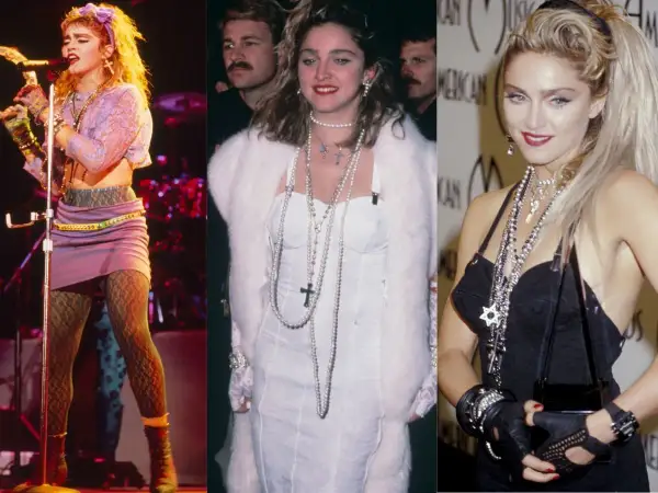 Madonna w stylizacjach z lat 80. na imprezę: fioletowa mini, biała kreacja z futrem i czarny top z naszyjnikami.